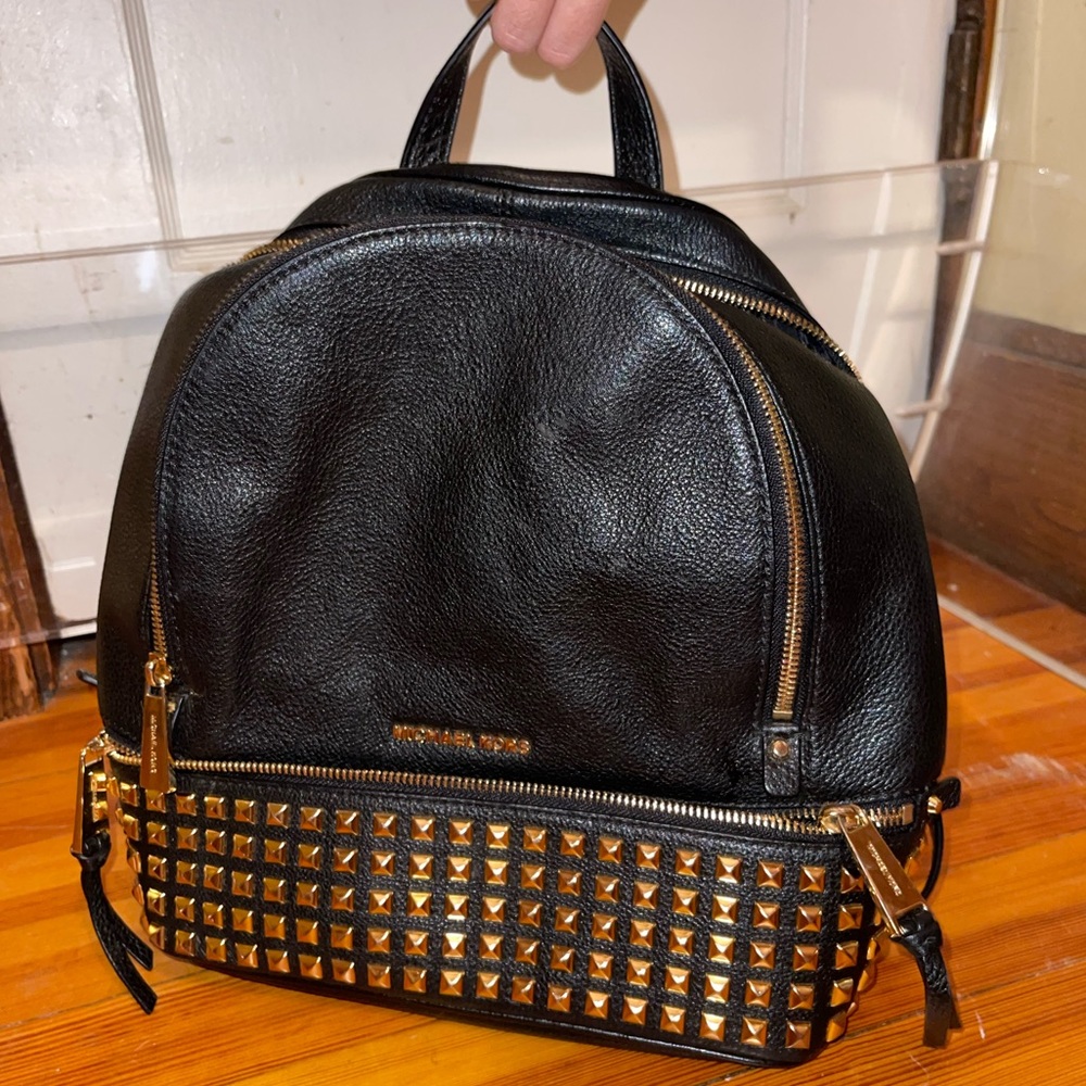Michael Kors Rhea Black Gold Leather Studded Pebbled Leather Backpack